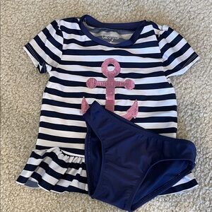 Cat & Jack Navy & White Striped Girls Swim Set with Pink Anchor 4T